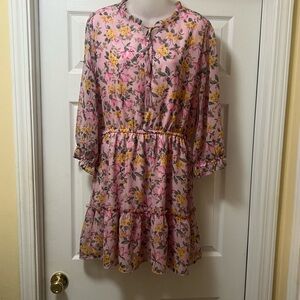 Pink Floral Tiered Midi Dress with Tie Neck